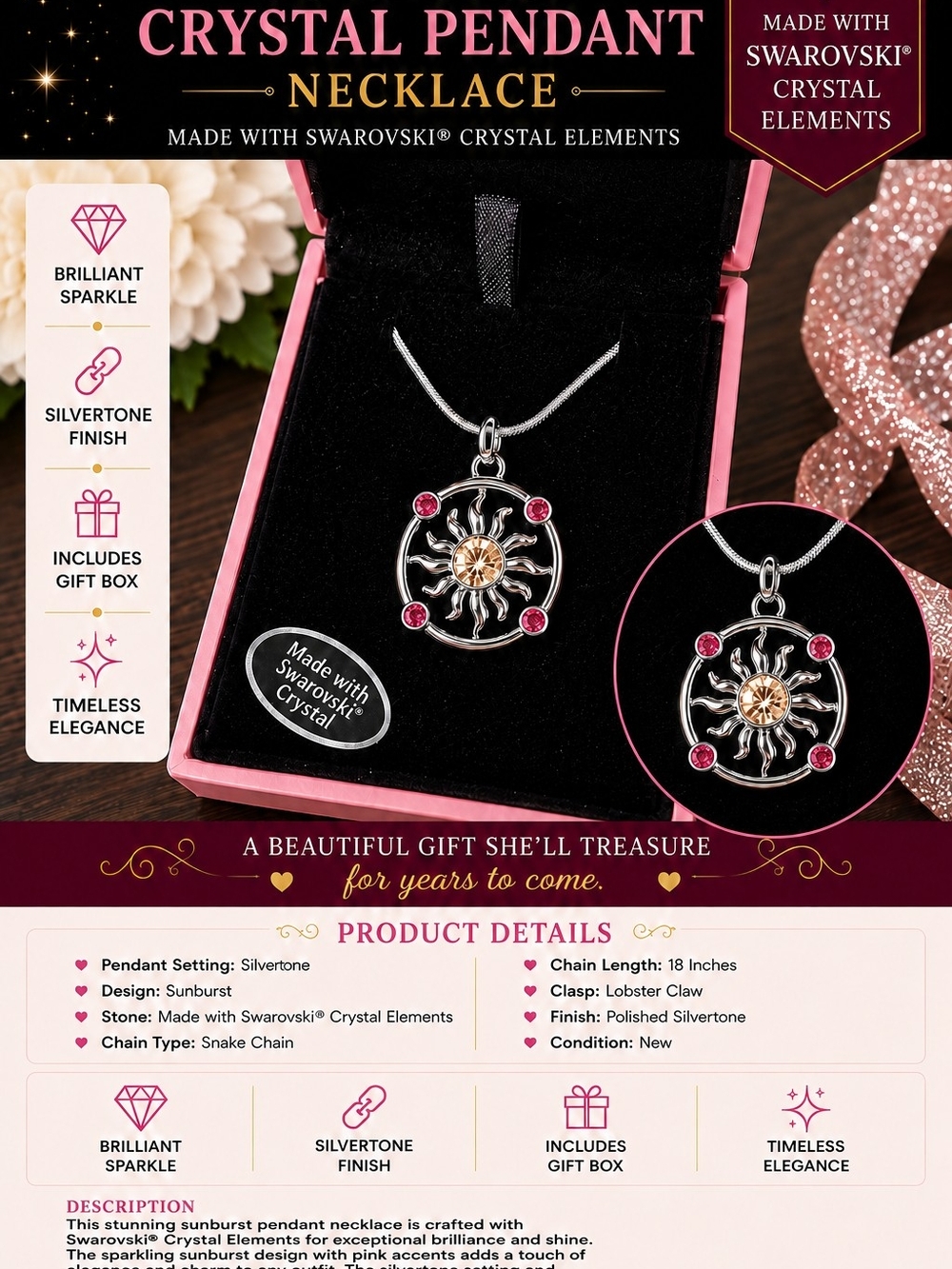 Sunburst Crystal Pendant Necklace in Pink and Gold
